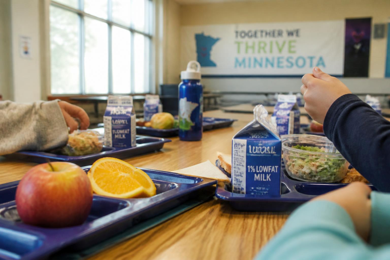 A school cafeteria with fresh fruit and milk on lunch trays